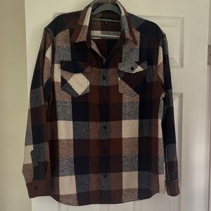 Men's Plaid Golden Tree Flannel Button Down Shirt - Brown, Blue, and Cream